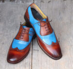 Bespoke Sky Blue&Tan Leather Wing Tip Lace Up Shoes for Men's - leathersguru