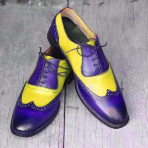 Handmade Blue Yellow Wing Tip Lace Up Leather Shoe - leathersguru