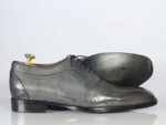 Handmade Gray Leather Wing tip Brogue Lace Up Shoe - leathersguru