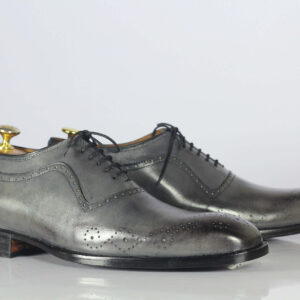 Handmade Gray Leather Wing tip Brogue Lace Up Shoe - leathersguru