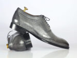 Handmade Gray Leather Wing tip Brogue Lace Up Shoe - leathersguru