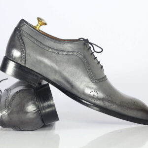 Handmade Gray Leather Wing tip Brogue Lace Up Shoe - leathersguru