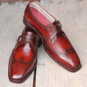 Bespoke Burgundy Leather Monk Strap Wing Tip Shoe for Men - leathersguru