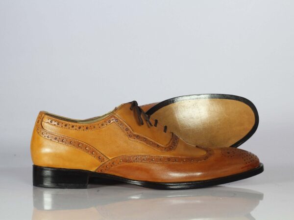 Handmade Tan Brown Leather Wing Tip Lace Up Shoes For Men's - leathersguru