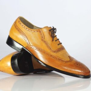 Handmade Tan Brown Leather Wing Tip Lace Up Shoes For Men's - leathersguru