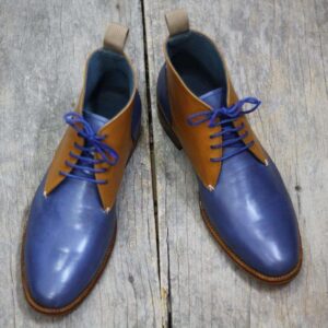 Handmade Tan & Blue Half Ankle Leather Boots - leathersguru