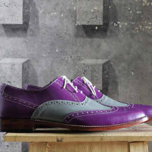 Bespoke Purple Gray Leather Wing Tip Shoes for Men's - leathersguru