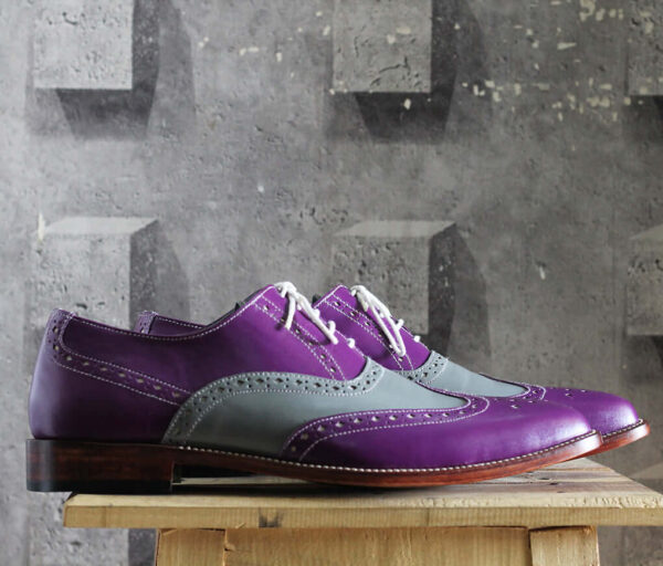 Bespoke Purple Gray Leather Wing Tip Shoes for Men's - leathersguru