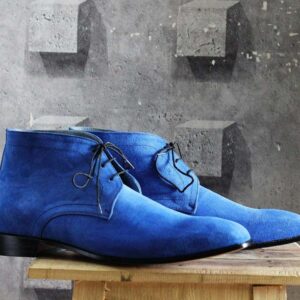 Handmade Blue Half Ankle Suede Lace Up Men's Boot - leathersguru