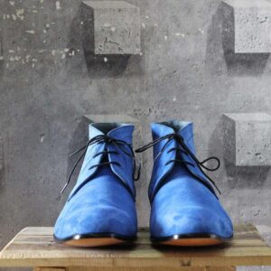 Handmade Blue Half Ankle Suede Lace Up Men's Boot - leathersguru