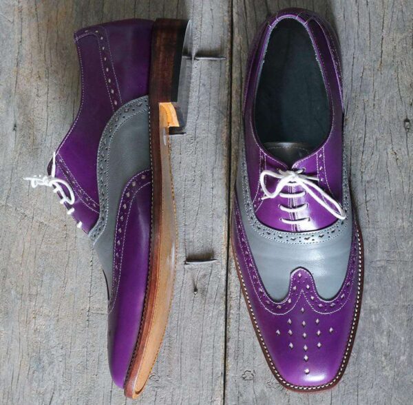 Men's Purple Gray Wing Tip Brogue Leather Shoe - leathersguru