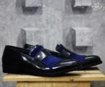 Men's Fringe Black & Blue Leather Loafers Shoe - leathersguru