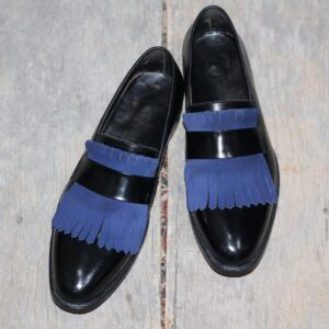 Men's Fringe Black & Blue Leather Loafers Shoe - leathersguru