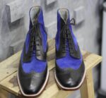 Bespoke Black Blue Leather Suede Ankle Wing Tip Lace Up Boots - leathersguru