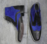 Bespoke Black Blue Leather Suede Ankle Wing Tip Lace Up Boots - leathersguru