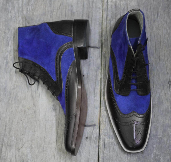 Bespoke Black Blue Leather Suede Ankle Wing Tip Lace Up Boots - leathersguru