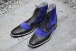 Bespoke Black Blue Leather Suede Ankle Wing Tip Lace Up Boots - leathersguru