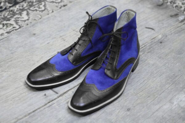 Bespoke Black Blue Leather Suede Ankle Wing Tip Lace Up Boots - leathersguru