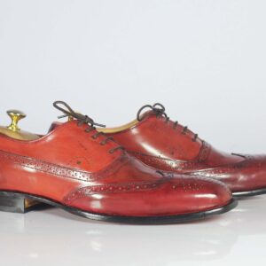 Handmade Red Leather Wing Tip Brogue Shoes - leathersguru