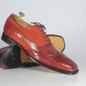 Handmade Red Leather Wing Tip Brogue Shoes - leathersguru