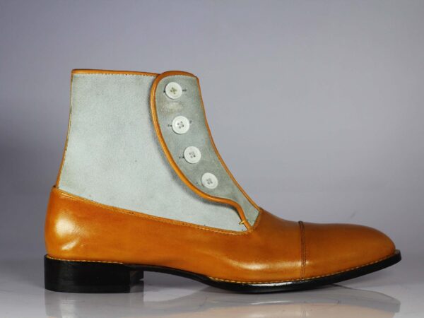 Handmade Tan Gray Leather Sued Button Top Ankle Boot - leathersguru