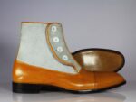 Handmade Tan Gray Leather Sued Button Top Ankle Boot - leathersguru