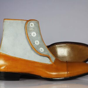 Handmade Tan Gray Leather Sued Button Top Ankle Boot - leathersguru