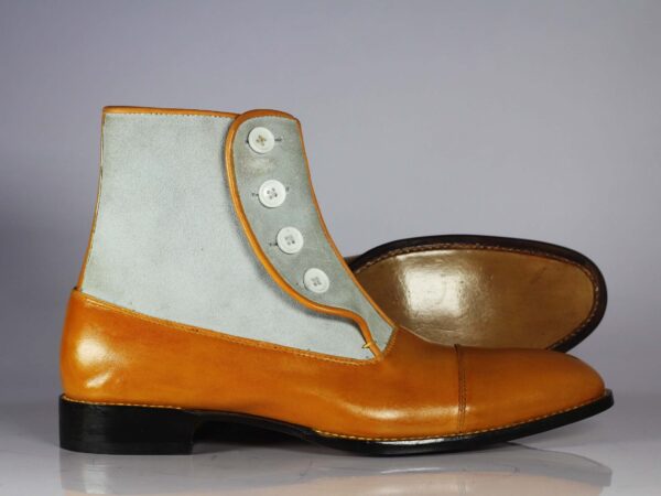 Handmade Tan Gray Leather Sued Button Top Ankle Boot - leathersguru
