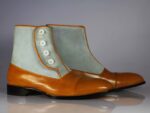 Handmade Tan Gray Leather Sued Button Top Ankle Boot - leathersguru