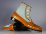 Handmade Tan Gray Leather Sued Button Top Ankle Boot - leathersguru