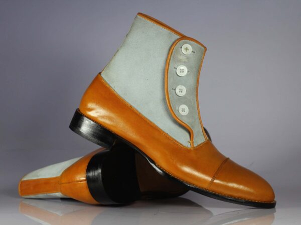 Handmade Tan Gray Leather Sued Button Top Ankle Boot - leathersguru