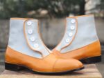 Handmade Tan Gray Leather Sued Button Top Ankle Boot - leathersguru