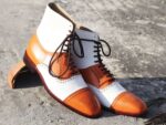 Ankle High Tan & White Cap Toe Leather Boot - leathersguru