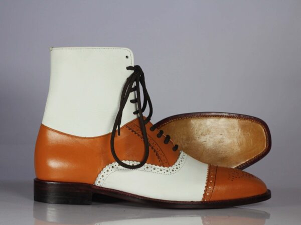 Ankle High Tan & White Cap Toe Leather Boot - leathersguru