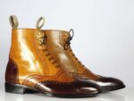 Ankle High Tan & Burgundy Wing Tip Leather Boot - leathersguru