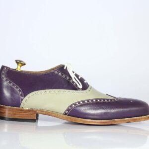 Bespoke Purple & Gray Leather Wing Tip Shoes For Men's - leathersguru