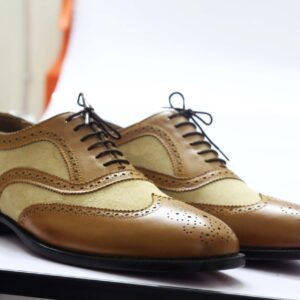 Bespoke Tan & Beige Leather Suede Wing Tip Shoes For Men's - leathersguru