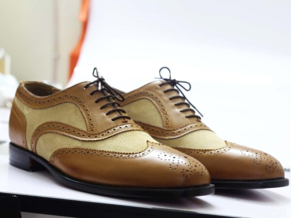 Bespoke Tan & Beige Leather Suede Wing Tip Shoes For Men's - leathersguru