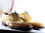 Bespoke Tan & Beige Leather Suede Wing Tip Shoes For Men's - leathersguru