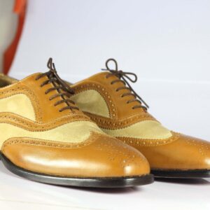 Bespoke Tan & Beige Leather Suede Wing Tip Shoes For Men's - leathersguru