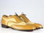 Bespoke Tan & Beige Leather Suede Wing Tip Shoes For Men's - leathersguru