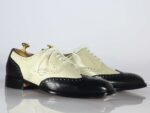 Handmade Black & Off White Wing Tip Brogue Leather Shoes - leathersguru