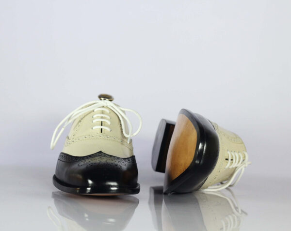 Handmade Black & Off White Wing Tip Brogue Leather Shoes - leathersguru