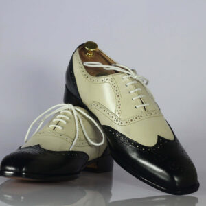 Handmade Black & Off White Wing Tip Brogue Leather Shoes - leathersguru