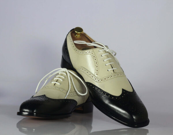 Handmade Black & Off White Wing Tip Brogue Leather Shoes - leathersguru