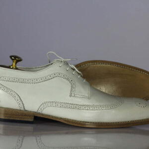 Bespoke Men's White Leather Wing Tip Brogue Lace Up Shoes - leathersguru