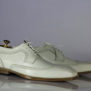 Bespoke Men's White Leather Wing Tip Brogue Lace Up Shoes - leathersguru