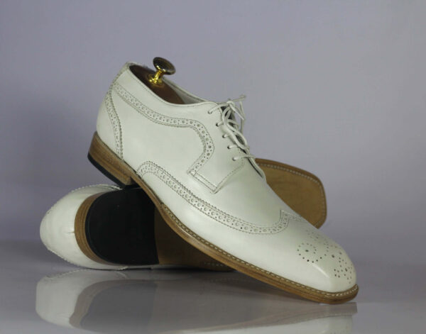 Bespoke Men's White Leather Wing Tip Brogue Lace Up Shoes - leathersguru