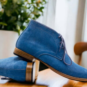 Men's Luxury Hand Stitched Boot, Ankle High Blue Suede Lace Up Boot