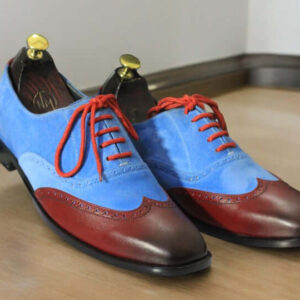 Handmade Blue Burgundy Lace Up Leather Suede Dress Shoes For Men's